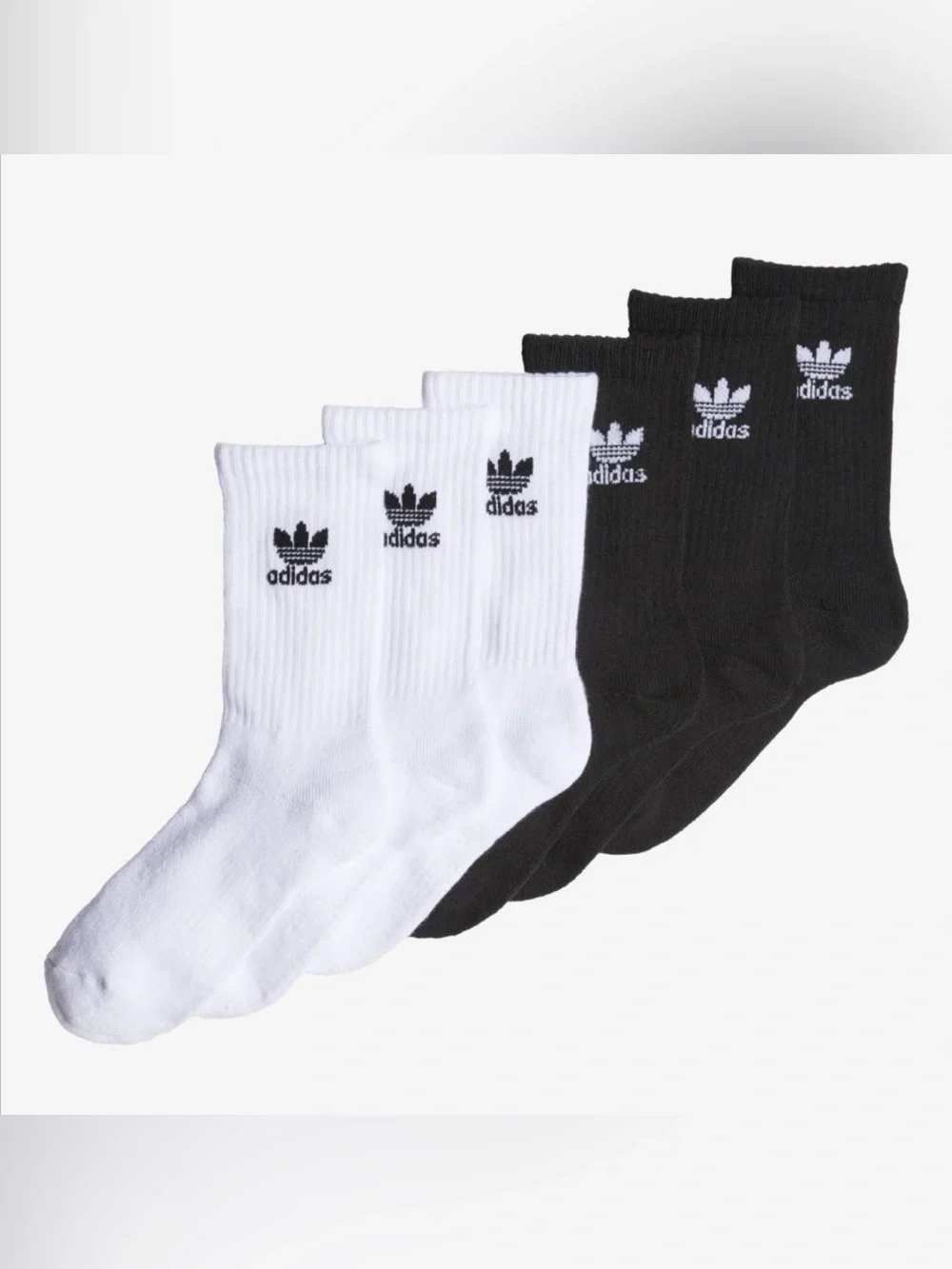 Size M Adidas Originals Trefoil Cushioned Crew Socks 6-Pack White/ Black